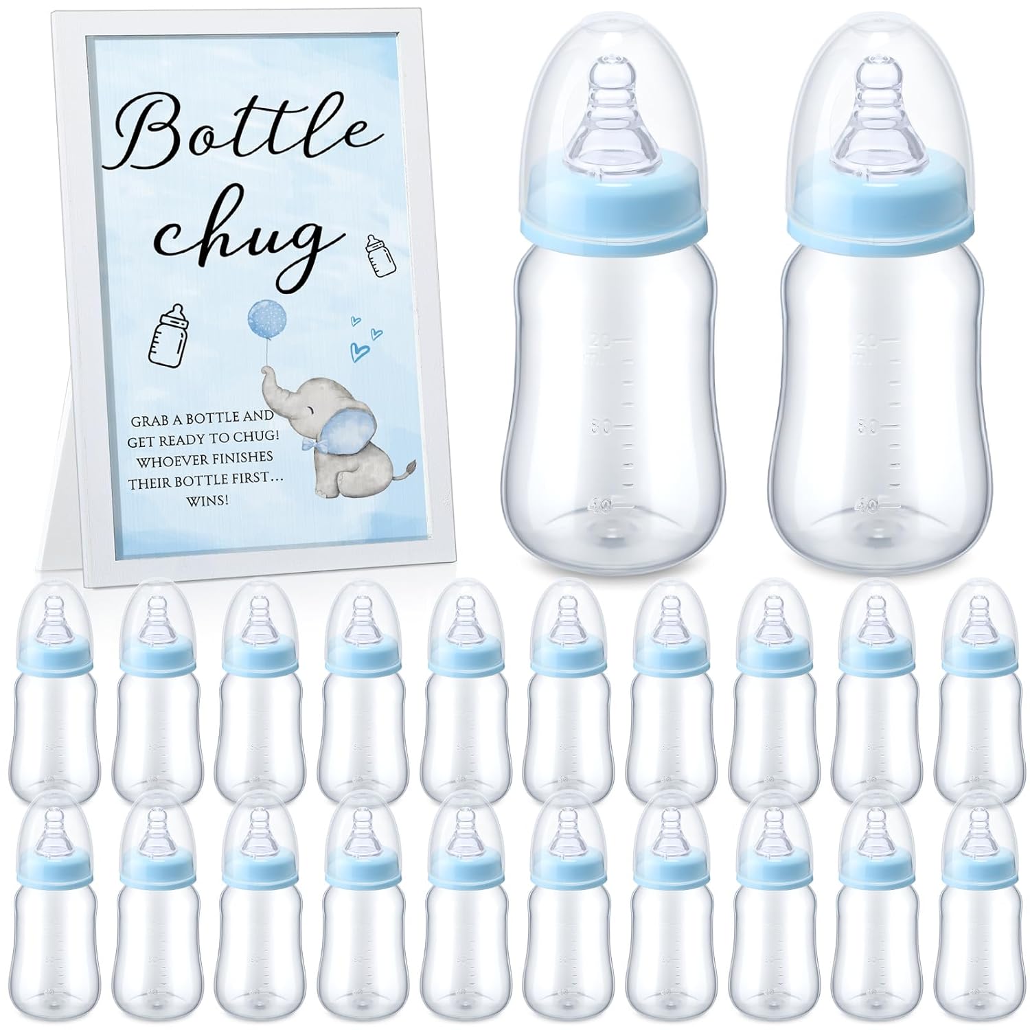 Bottle Chug Baby Shower Games Favors Including 18 Pcs Bottles With 1 Bottle Chug Wooden Sign For Gender Reveal Baby Shower Party Supplies(Blue,Elephant)