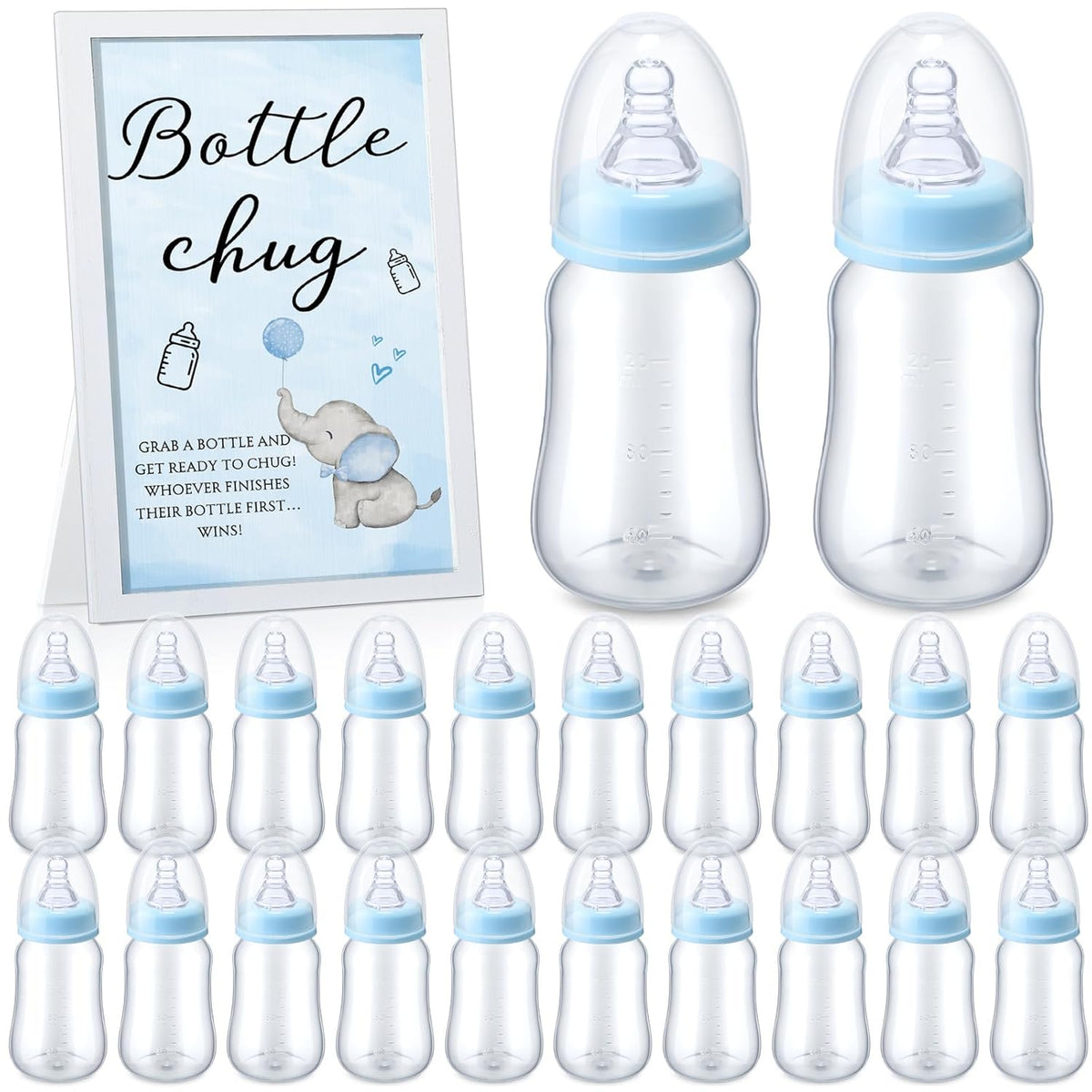 Bottle Chug Baby Shower Games Favors Including 18 Pcs Bottles With 1 Bottle Chug Wooden Sign For Gender Reveal Baby Shower Party Supplies(Blue,Elephant)