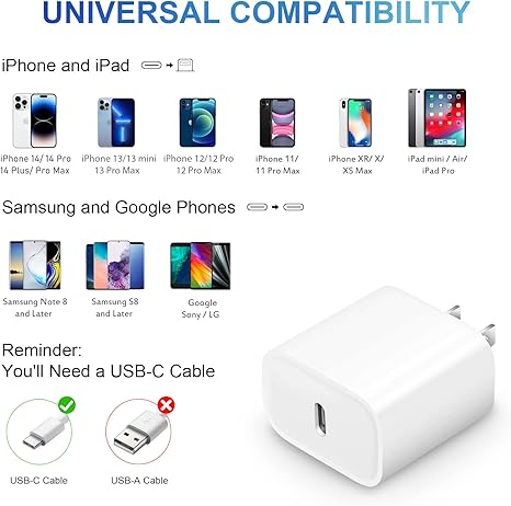 20W USB C Fast Charger with 6FT USB C to Lightning Cable for iPhone 14 13 12 11 iPad PD Wall Charger