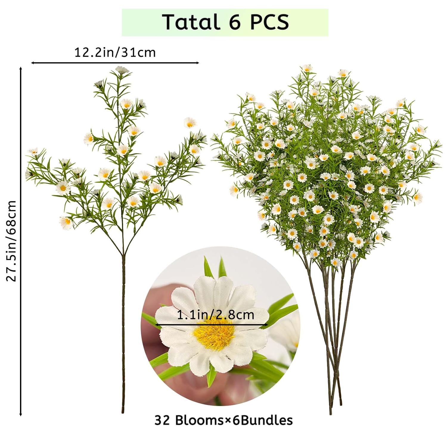 192 Blooms Artificial Daisy Flowers, 6Pcs 27.5 Inch Tall Realistic White Daisy Artificial Flowers, Fake Daisies For Vase, Wedding Home Party Decor