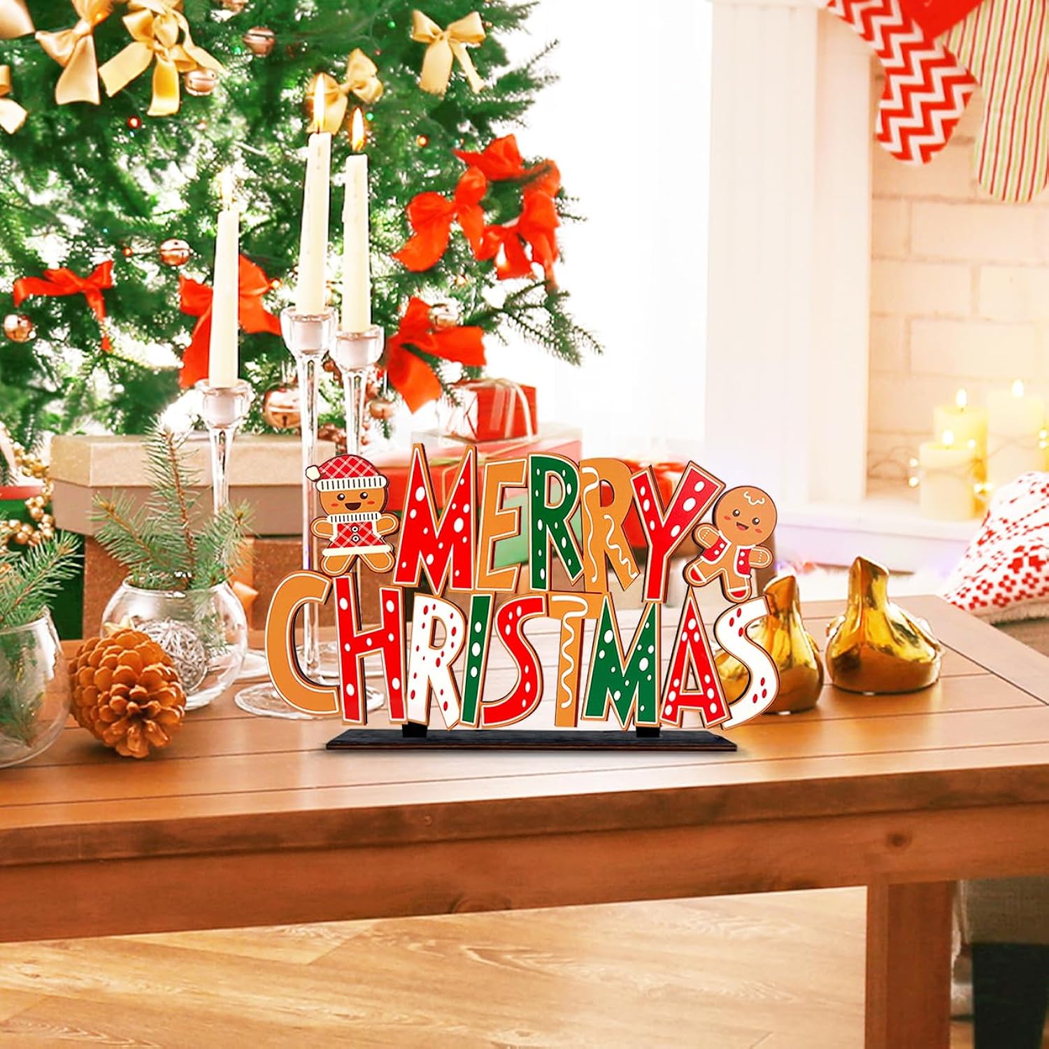 Gingerbread Christmas Decorations Merry Christmas Table Centerpieces Gingerbread Man Wooden Sign Xmas Front Door/Wall Decor Party Supplies