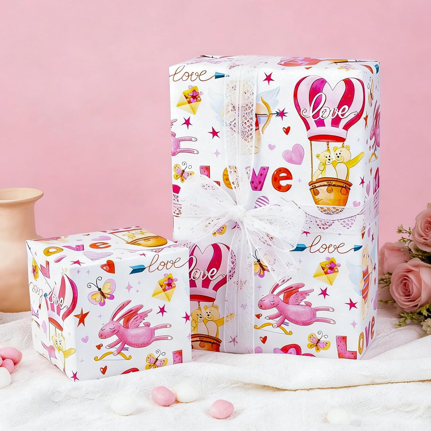 Pink Valentine'S Day Wrapping Paper - Mini Roll - 17 Inch X 33 Feet - Cupid Bear, Rabbit, Hot Air Balloon With Love & Polka Dot Reversible Gift Wrap For Wedding, Anniversary, Birthday, Party