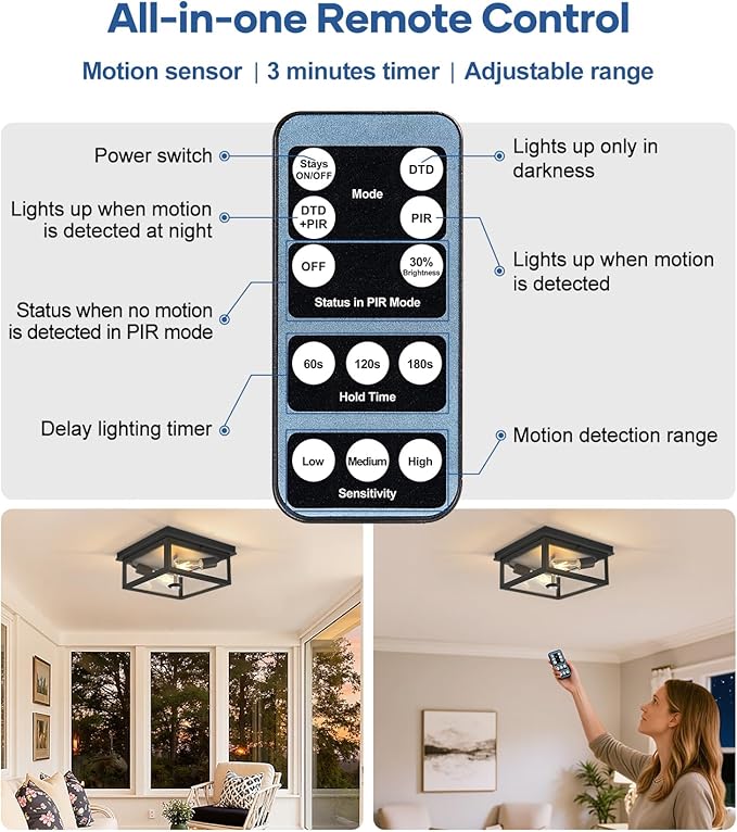 12.2 Inch Motion Sensor Outdoor Ceiling Light with Remote Black Flush Mount Fixture