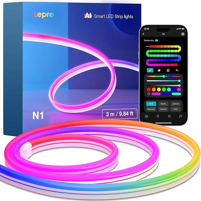 N1 AI Smart RGB Rope Lights 9.84FT Wi Fi Bluetooth LED Strip Lights with Music Sync Voice Control App