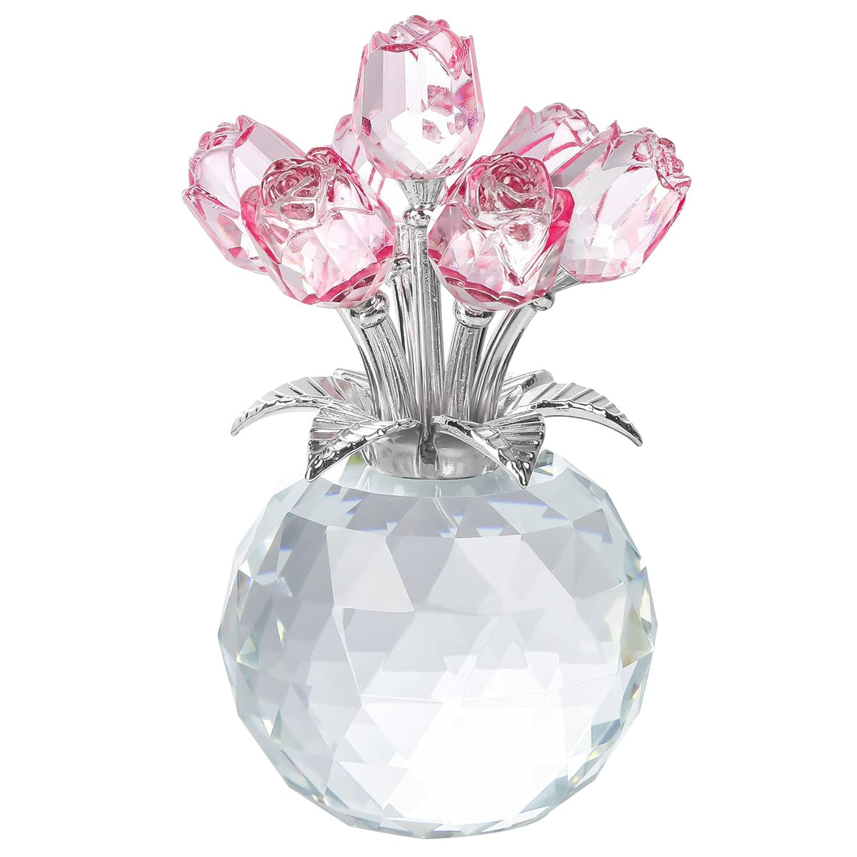 Handmade Crystal Pink Rose Flower Figurine With Round Vase, Rose Gifts For Girlfriend Wife Sister, Romantic Gifts For Mom On Mother'S Day Birthday Anniversary, Wedding Home Decorations