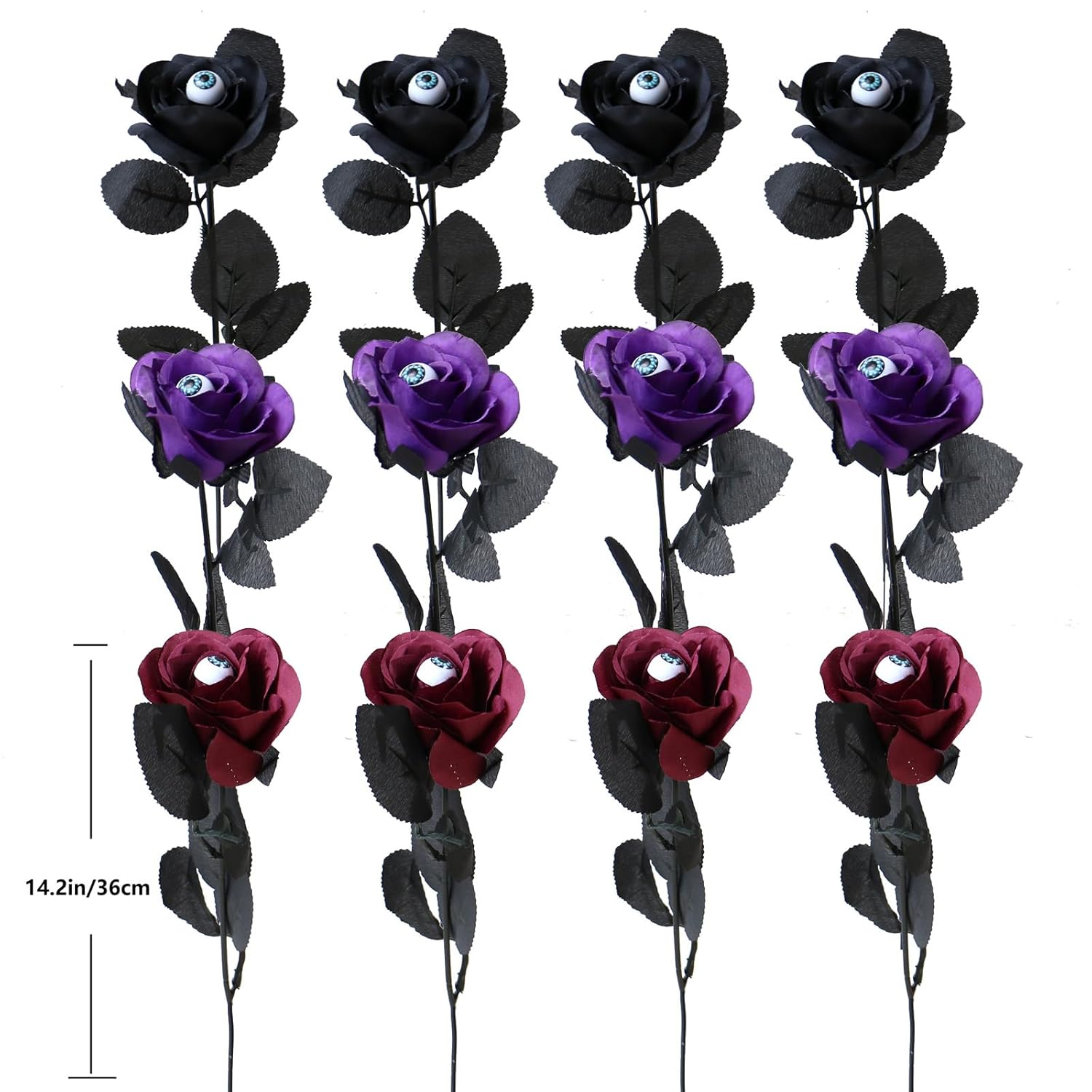Halloween Flowers With Eyes Decorations, 12Pcs Black Red Purple Roses With Eyeballs, Artificial Flowers With Stem Bouquets Arrangements For Pot Garland Party Decor