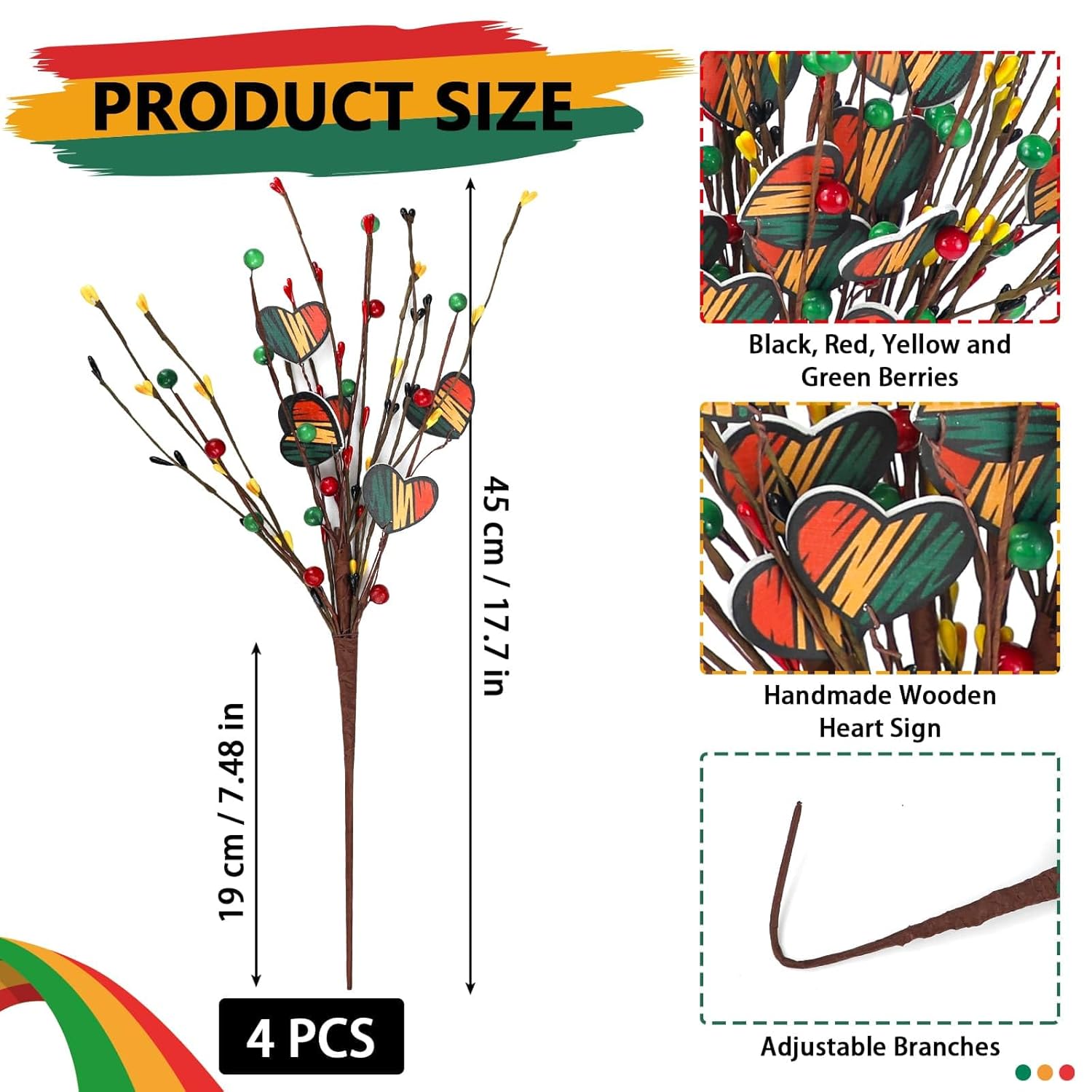 4Pcs Black History Month Decorations Table Centerpieces, 17.7In Black History Artificial Berry Stem Picks, African Bhm Decorations Decor Home Office Party Supplies