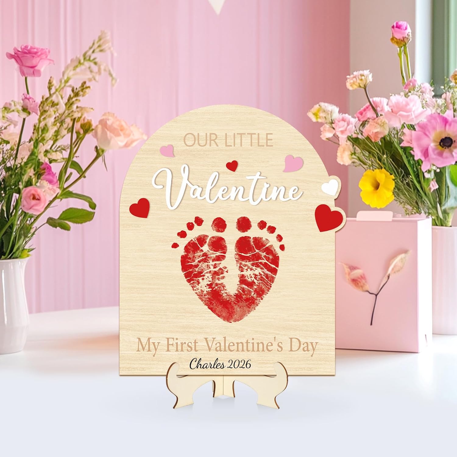 Baby'S First Valentine'S Day Diy Footprint Art Card, Our Little Valentine Wood Sign Milestone Keepsake Ornaments For Baby Shower Newborn Photoshoot Prop (Word)