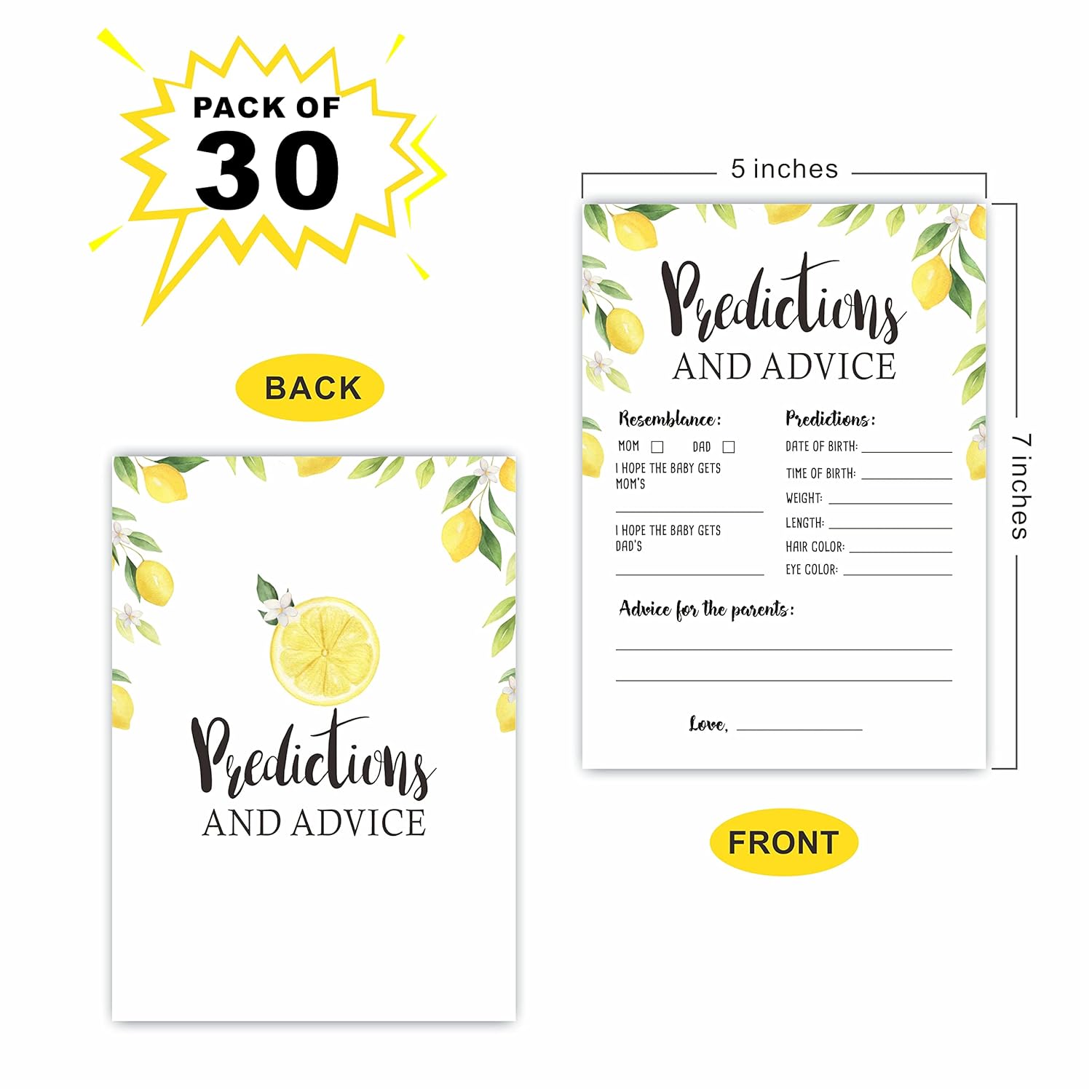 Baby Shower Game Cards?30 Watercolor Lemon Theme Prediction And Advice Cards?5"X 7"Double-Sided Fill In Game Cards For Babyshower Party Favor & Supplies-Bbyx-A01