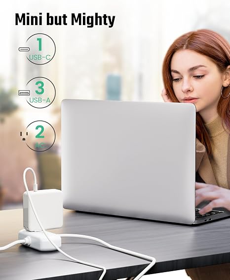 Mini Surge Protector Power Strip 2 Outlets 4 USB Ports 1 USB C 5FT Extension Cord White