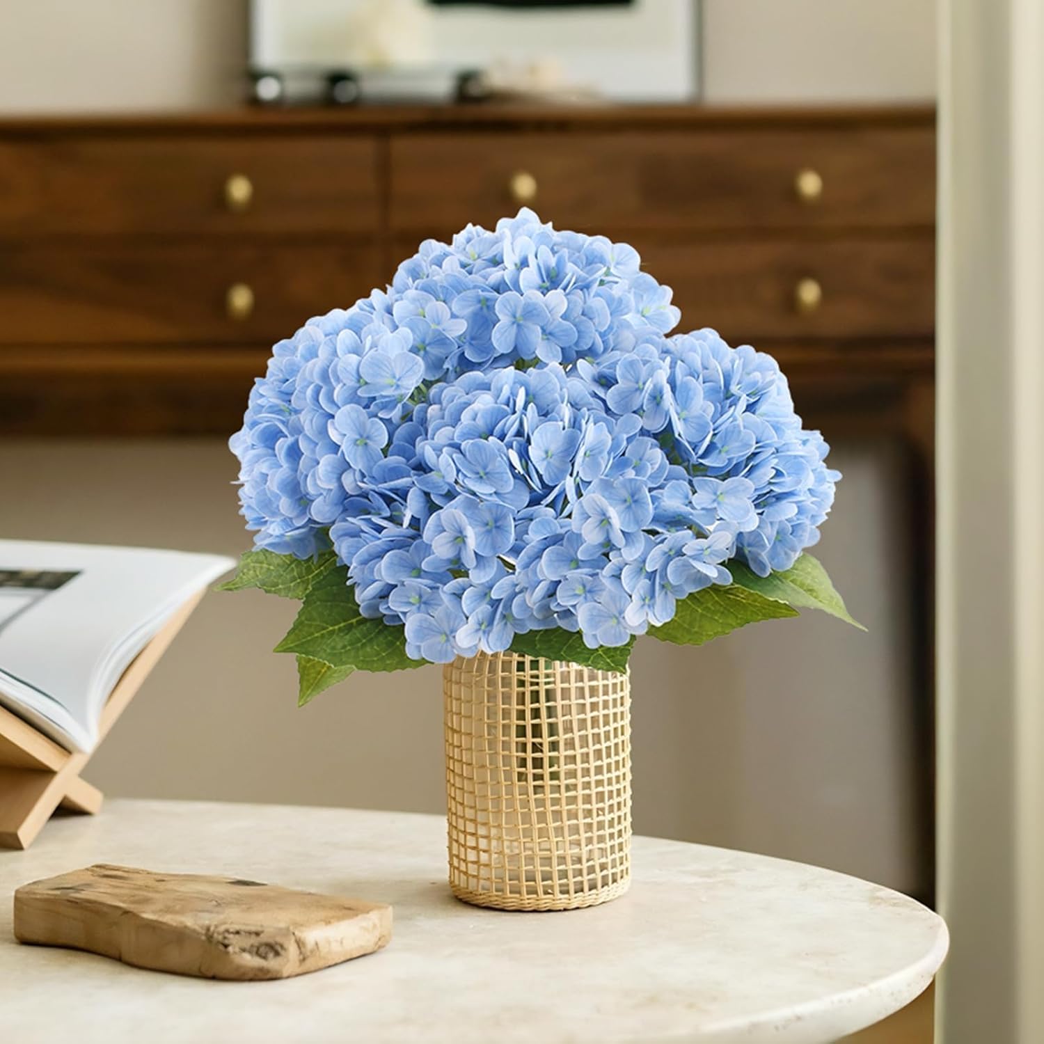 22" Real Touch Hydrangea Artificial Flowers, 3Pcs Blue Full Latex Faux Hydrangea Fake Flowers With Long Stem & Leaves For Home Decor Party Floral Arrangements Centerpieces Wedding Bouquets