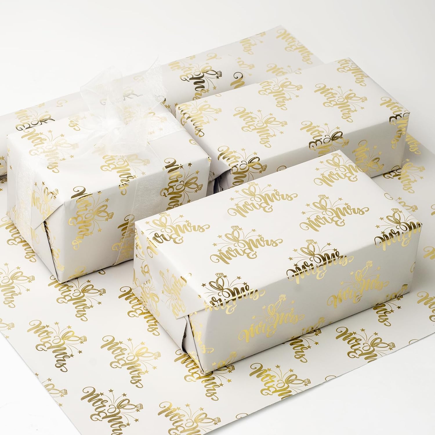 Mini Short Wedding Paper Roll For Men Women - Mr&Mrs Design Gold Foil Gift Wrap For Wedding, Valenline'S Day, Bridal Shower, Holiday Party Baby Shower(17 Inches X 32.8 Feet)