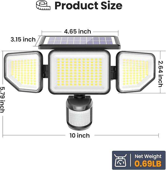 2 Pack 4500LM Solar Security Lights 3 Head Motion Sensor IP65 Waterproof Flood Lights