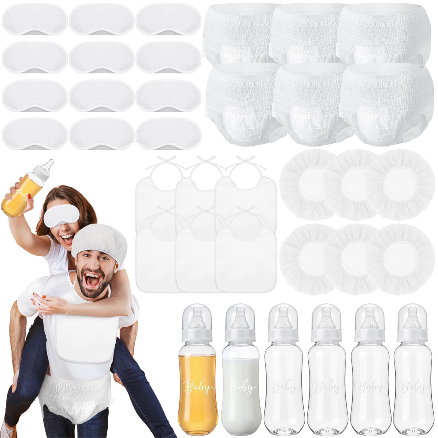 6 Sets Bottle Chug Baby Shower Blind Games Juegos Para Include Plastic Bottles Bibs Hat Eye Mask Disposable Diapers Blindfolded Baby Shower Bottle Games Gender Reveal Decoration (White)