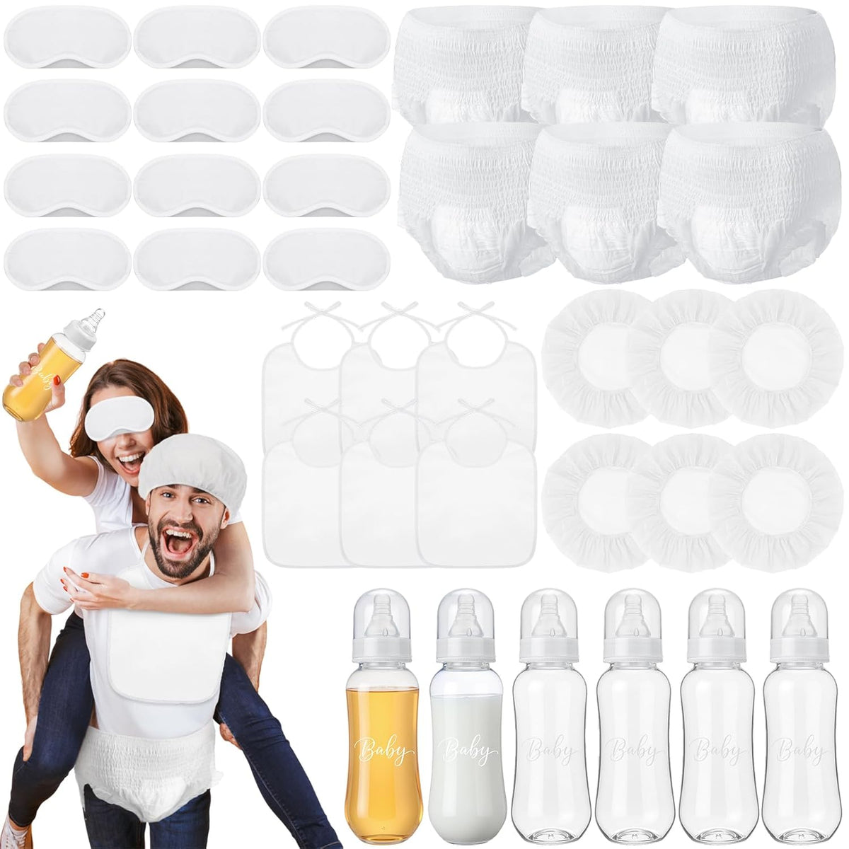 6 Sets Bottle Chug Baby Shower Blind Games Juegos Para Include Plastic Bottles Bibs Hat Eye Mask Disposable Diapers Blindfolded Baby Shower Bottle Games Gender Reveal Decoration (White)