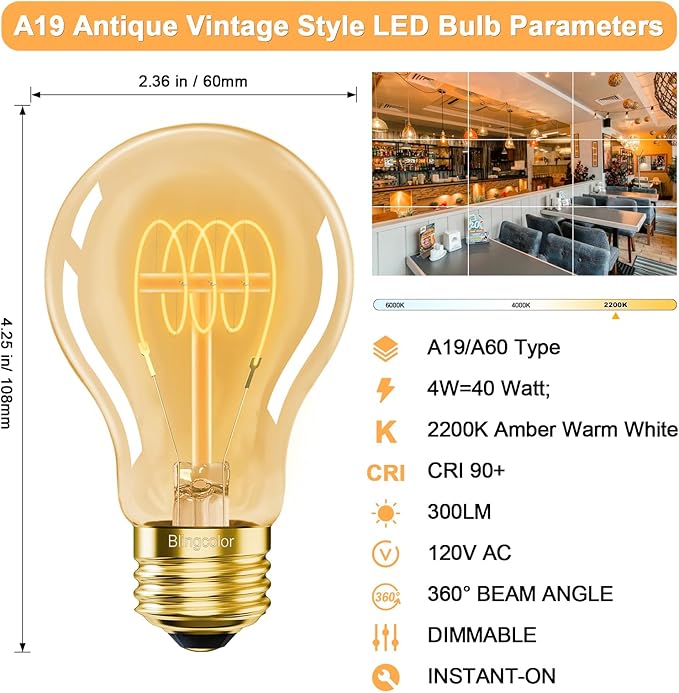 4 Pack A19 Vintage LED Edison Bulbs 4W 40W Equivalent 2200K Amber Warm Dimmable E26 Base