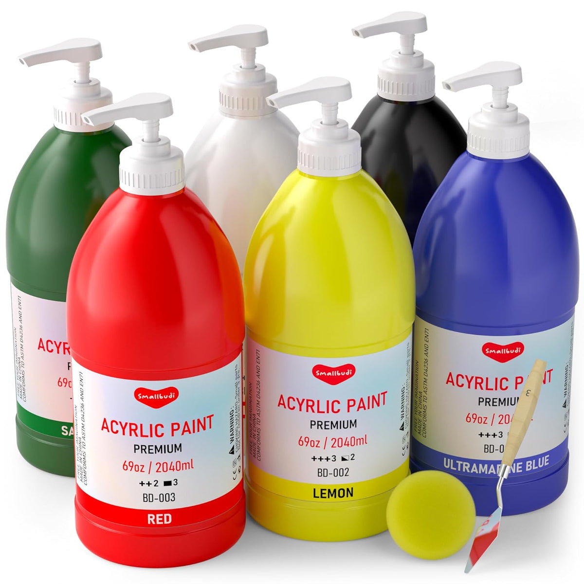 6 Colors Large Acrylic Paint Set (69 Oz,2040 Ml) Art Painting Bulk Supplies For Multi Surface Canvas Wood Leather Fabric Rock Craft, Non Toxic Paint For Kid & Adult With Pump