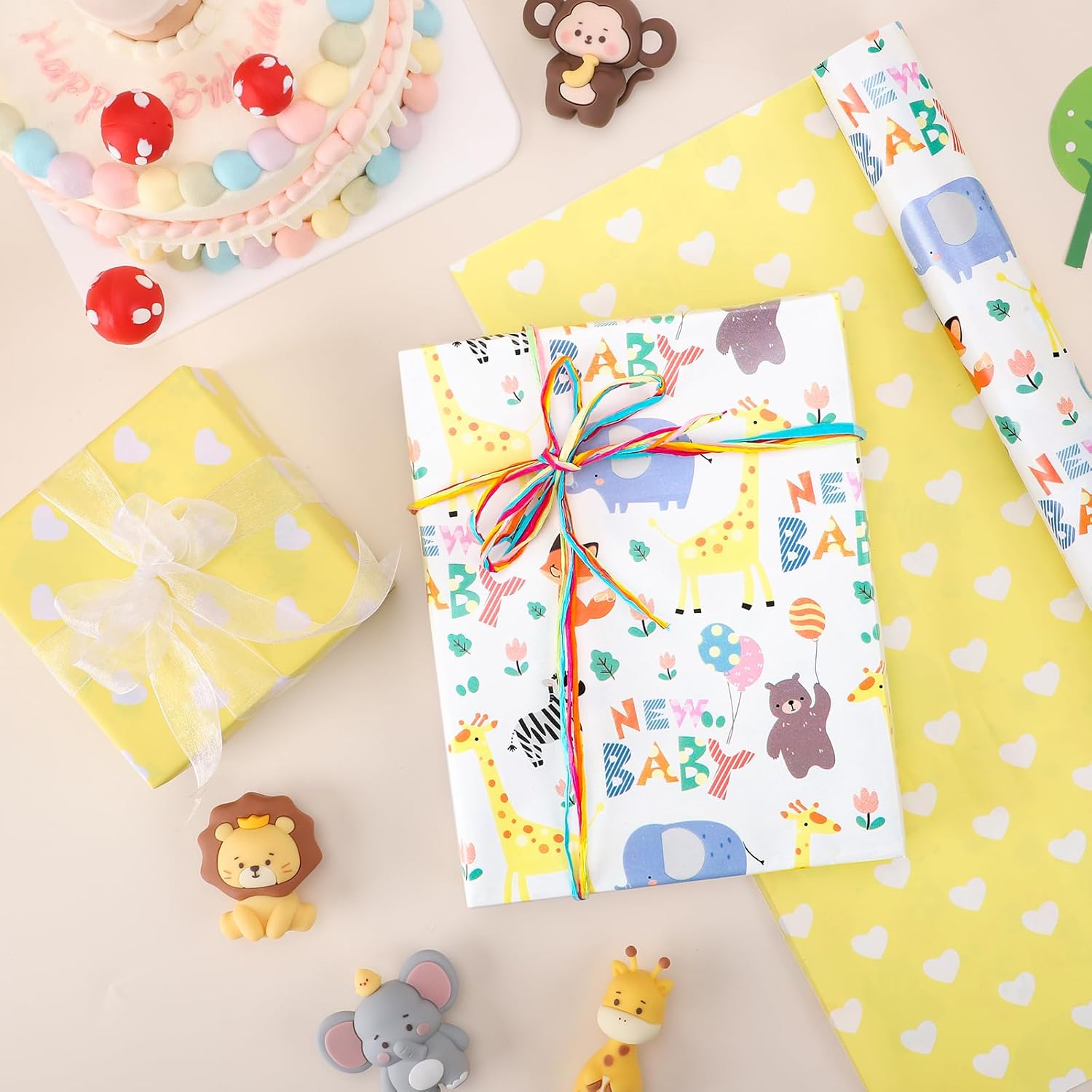 Reversible Baby Shower Wrapping Paper Roll 17 Inch X 33 Feet Gift Wrapping Paper With Animals & New Baby Design For Neutral Baby Shower, Boys Girls Newborn, 1St Birthday, Celebration