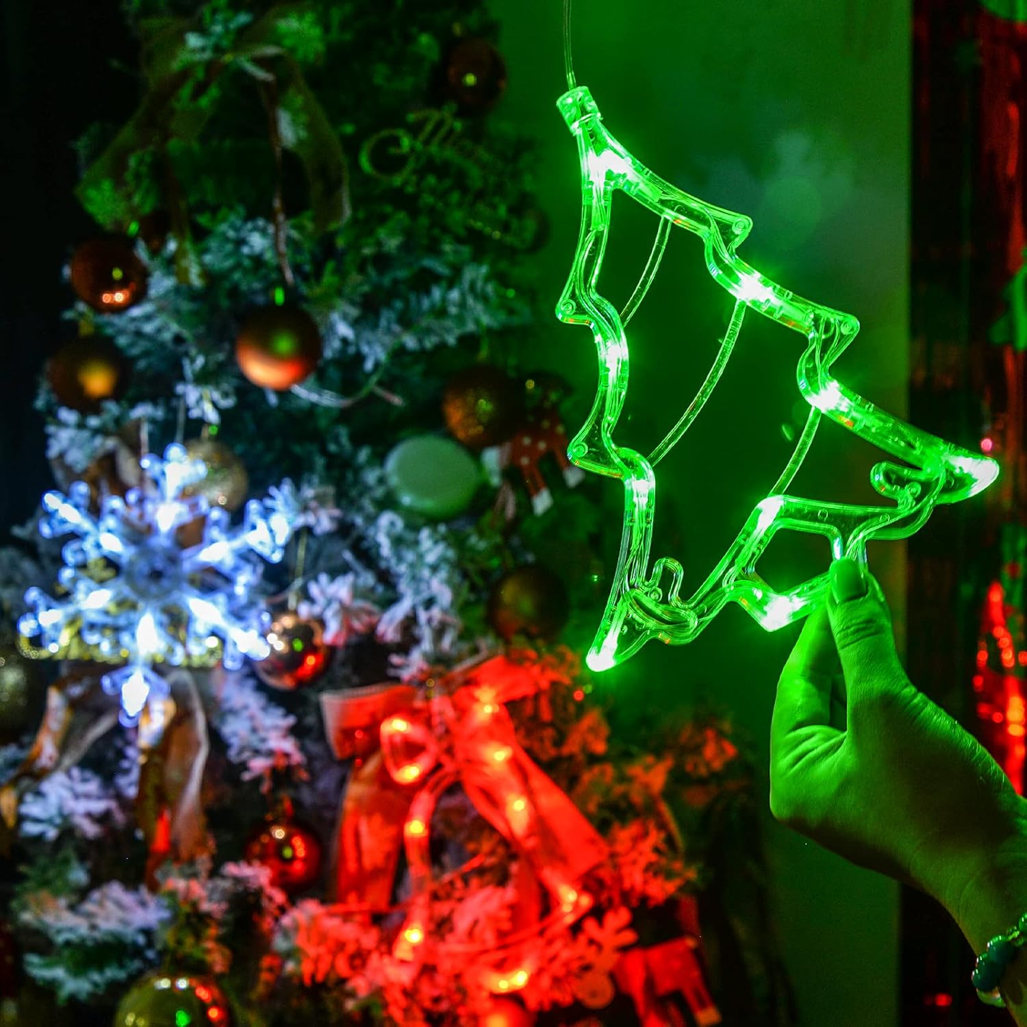 Christmas Window Decorations,3 Pack Jingling Bell,Christmas Tree,Snowflake Christmas Window Lights With Suction Cup, Tim