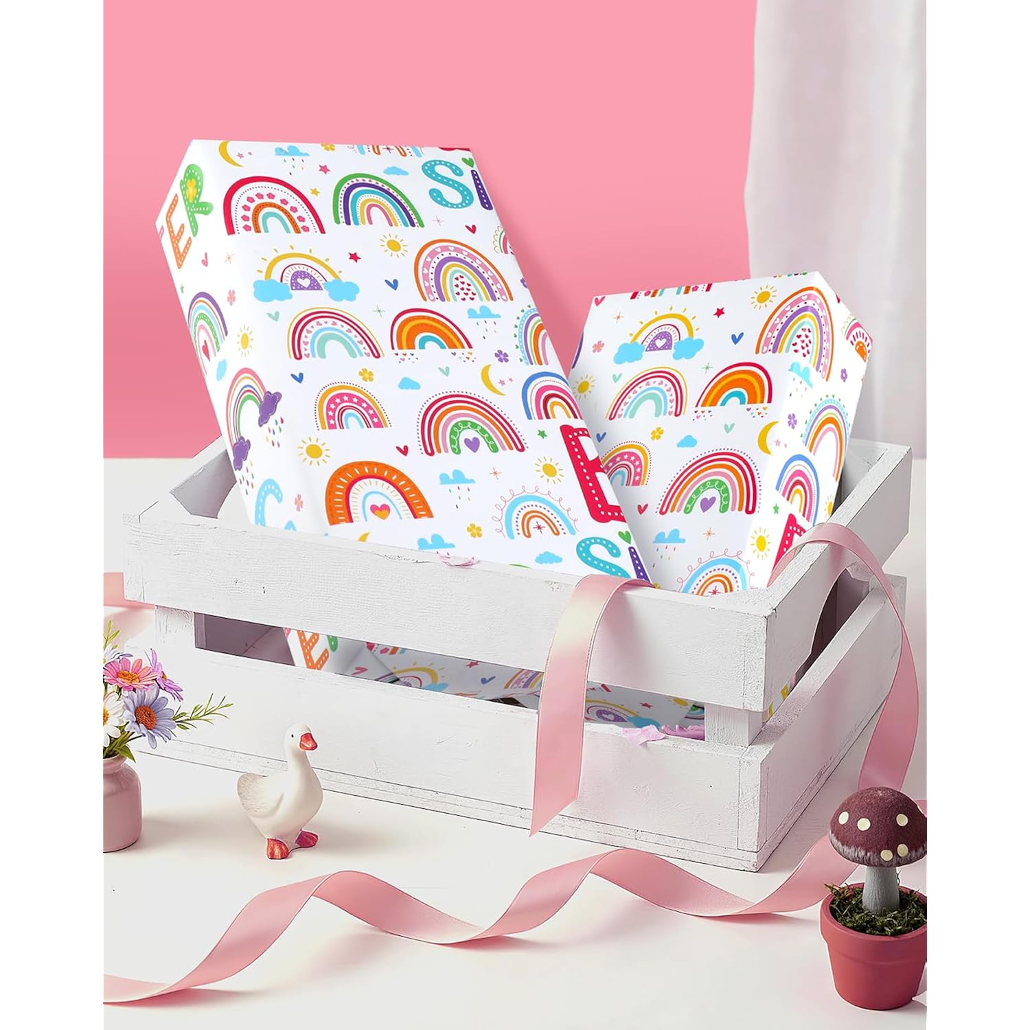 Big Sister Wrapping Paper Roll - Mini Roll - 17 Inch X 16.5 Feet - Big Sister Gift Wrap Paper Cartoon Rainbow Wrapping Paper For Little Girl Birthday Party Supplies, Baby Shower