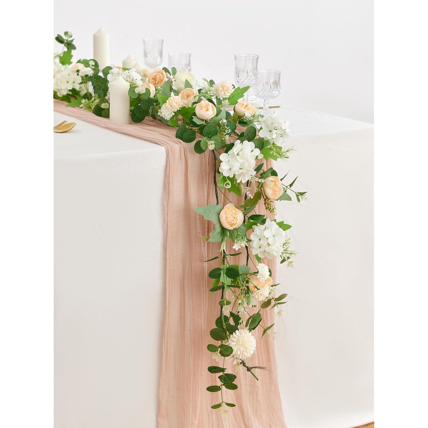 5.9Ft Eucalyptus Garland With Flowers, Artificial Fake Flower Greenery Spring Garland For Baby Shower Wedding Mantle Table Centerpiece Spring Decor