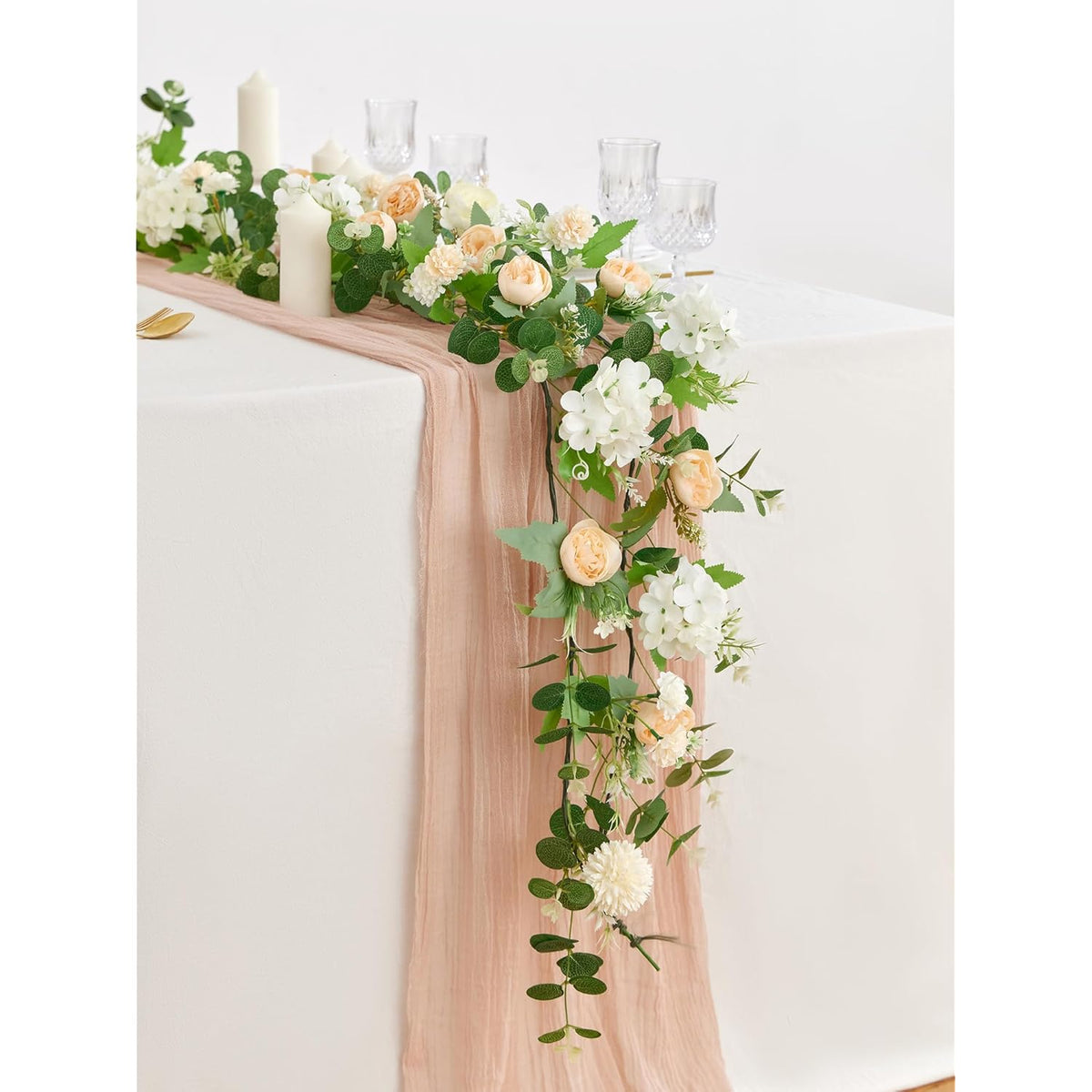 5.9Ft Eucalyptus Garland With Flowers, Artificial Fake Flower Greenery Spring Garland For Baby Shower Wedding Mantle Table Centerpiece Spring Decor