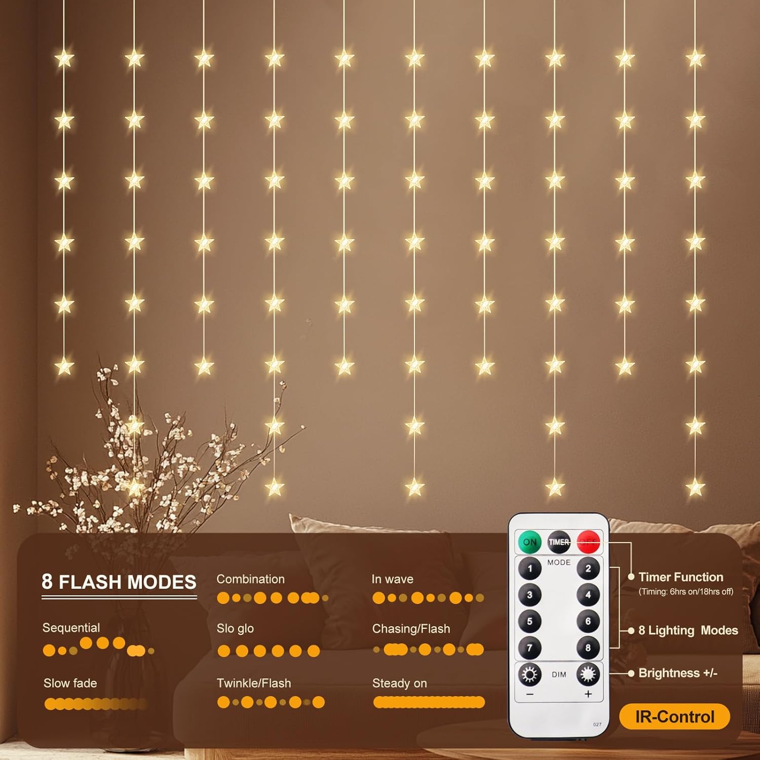 Star Curtain Lights, Warm White Window Lights 70 Stars Hanging Light With Remote Fairy Led Twinkle String Lights Home Be