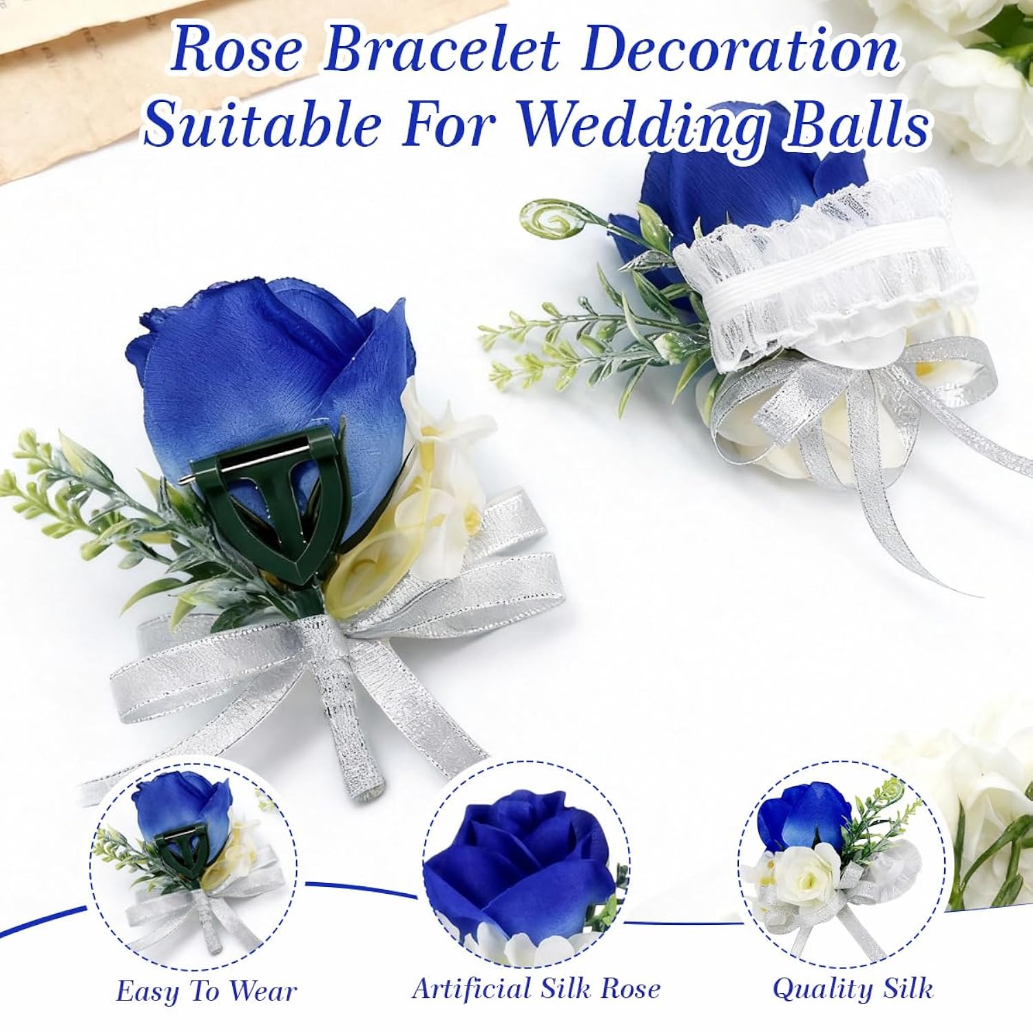 Artificial Rose Wrist Corsage And Boutonniere Set Handmade Wedding Flower Accessories With Ribbon Prom Suits Decorations For Bride Bridesmaid (Blue And White)