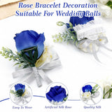 Artificial Rose Wrist Corsage And Boutonniere Set Handmade Wedding Flower Accessories With Ribbon Prom Suits Decorations For Bride Bridesmaid (Blue And White)