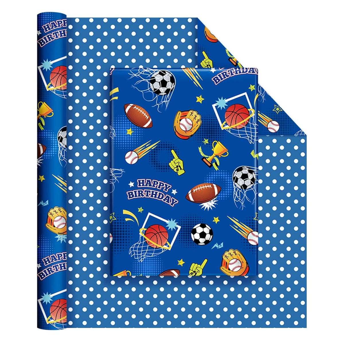 Sport Ball Wrapping Paper Roll - 1 Roll 17” X 33 Ft Happy Birthday Wrapping Paper For Kids Boys Blue Sports Gift Wrap With Football Basketball Design For Birthday Baby Shower Party Favor