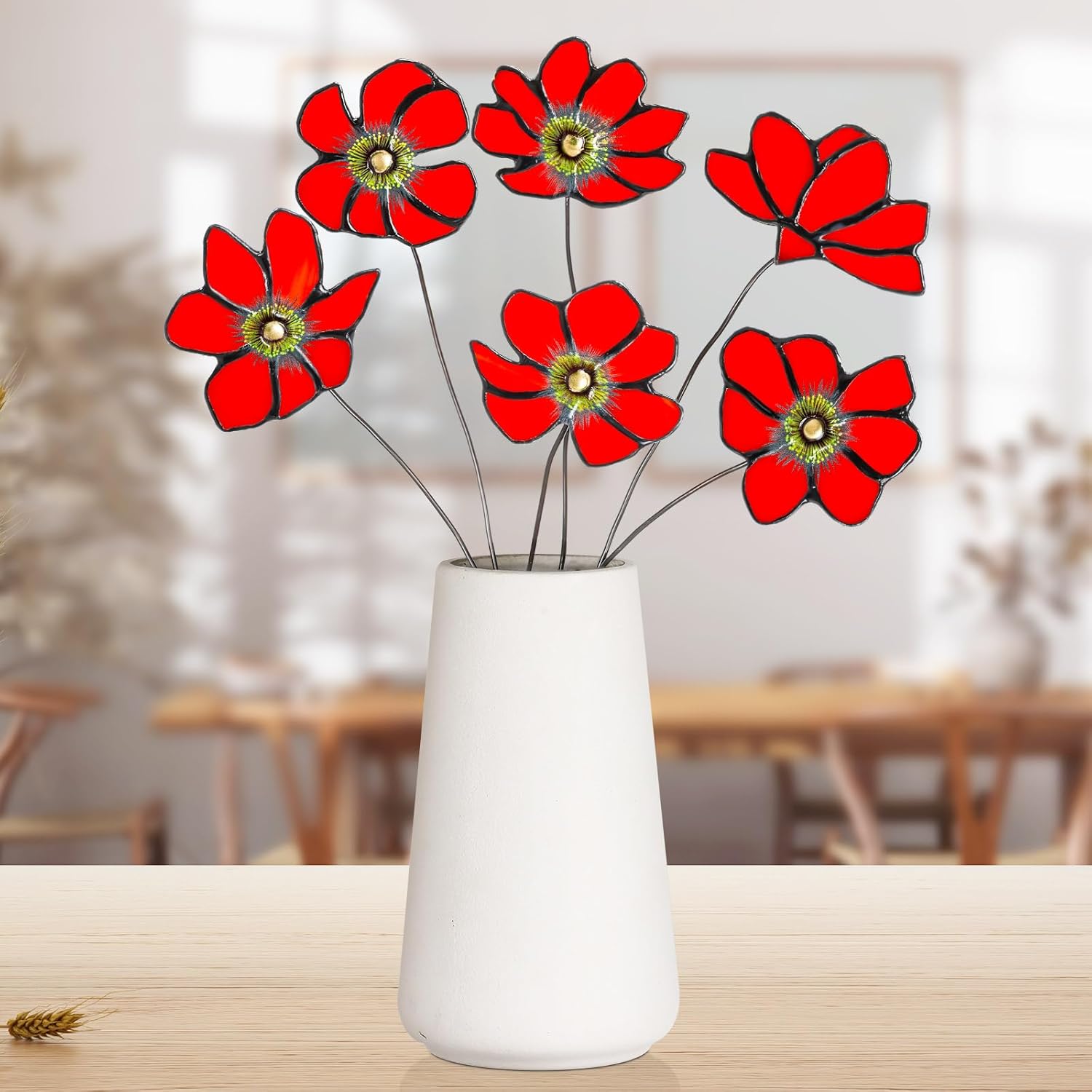 6 Pcs Stained Glass Flowers With Stems 17 Inch Red Flower Bouquets Faux Flower Floral For Mom Birthday Gifts Home Garden Christmas Decor(No Vase)