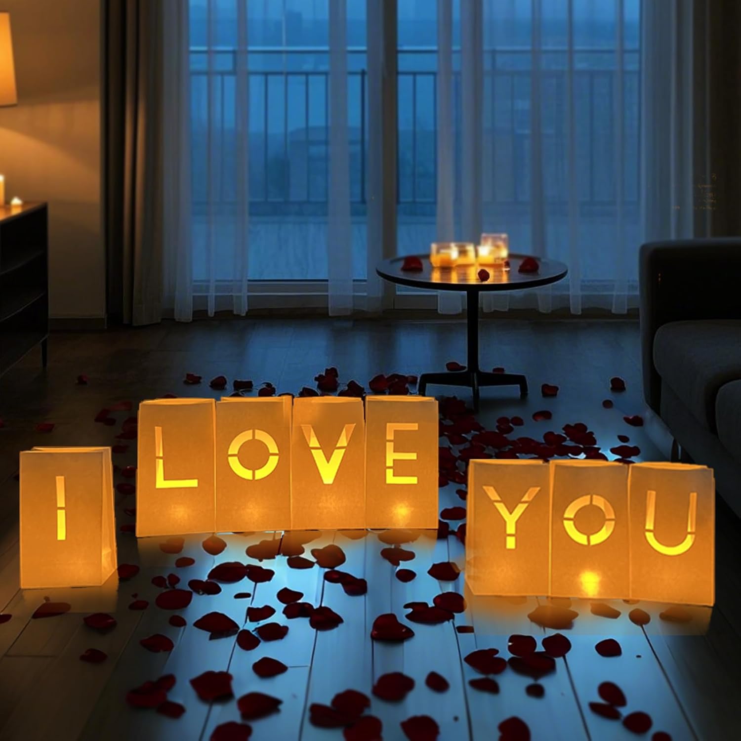 I Love You Sign Letter - I Love You Sign Light Up Letters, Romantic Proposal Anniversary Decorations For Valentines Day Special Night, Luminary Paper Bags With Tea Lights Candles Rose Petals