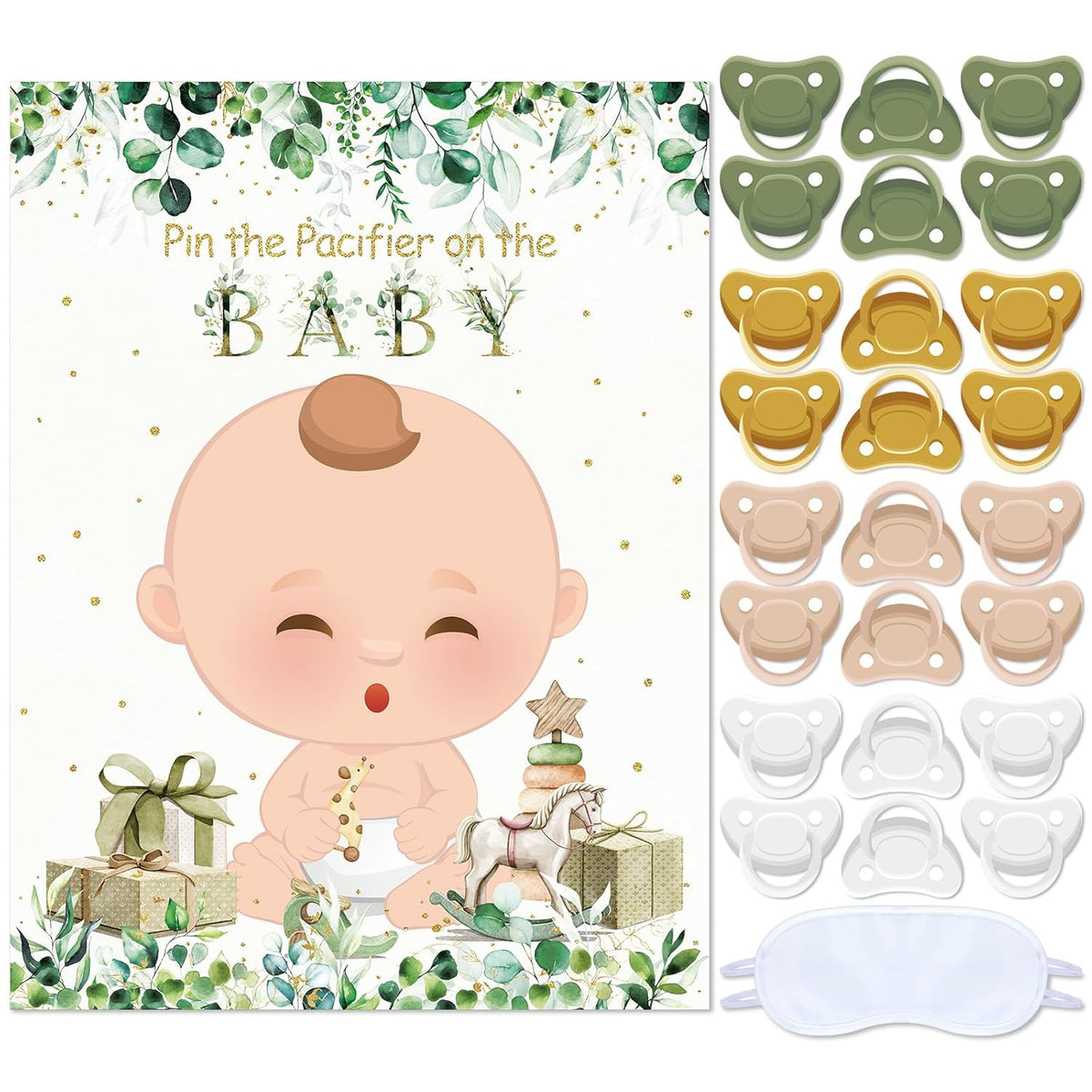 Pin The Pacifier Baby Shower Game Baby Shower Party Decorations Include Large Poster 24 Pacifier Stickers Blindfold Game Set For Birthday Party Decor Supplies(Green,Fair)