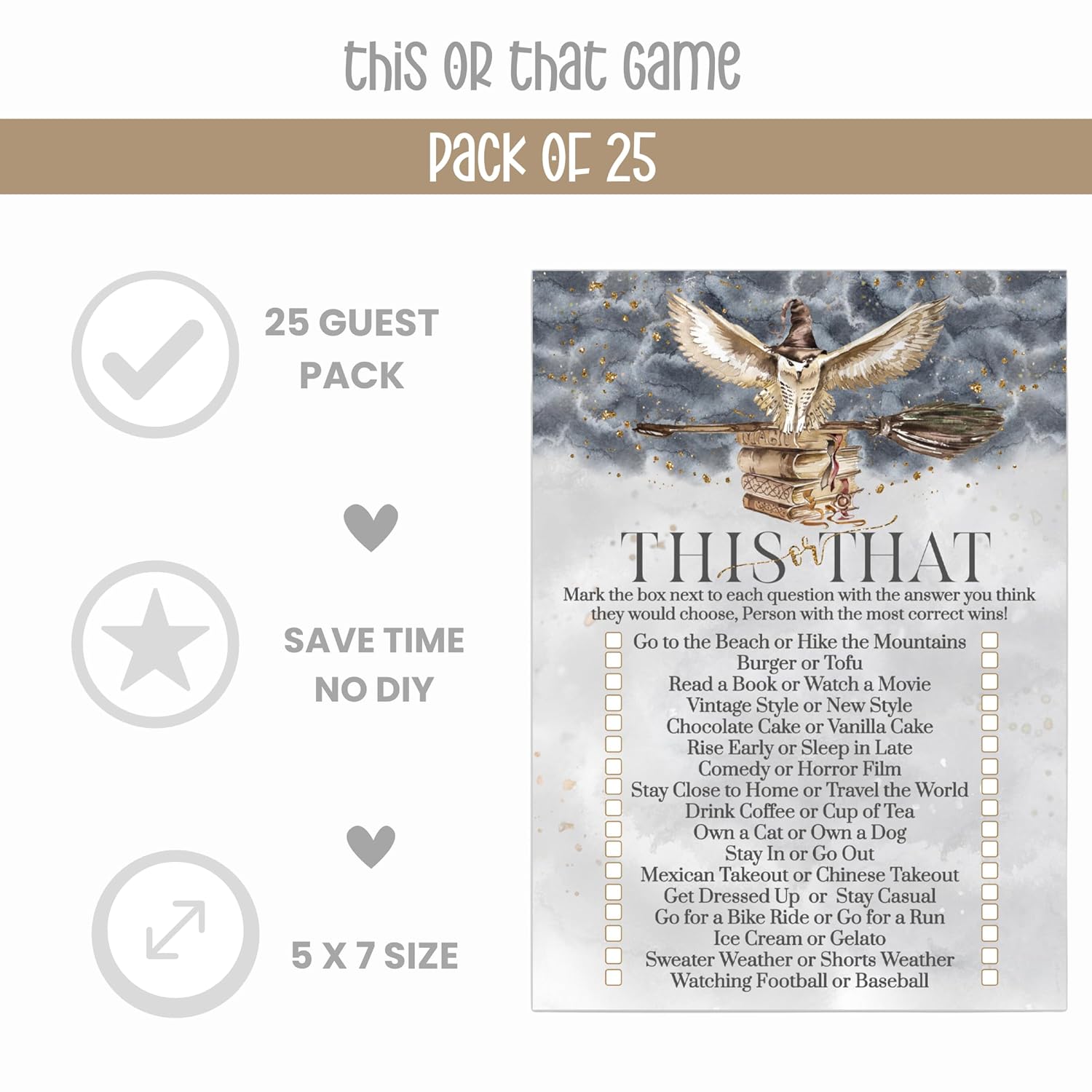 Magic Owl Bridal Shower Games - This Or That Game - 25 Card Pack - Fun For Graduation Parties, Rehearsal Dinners & Birthdays - Black & Gold Halloween Wizard Or Witch Design