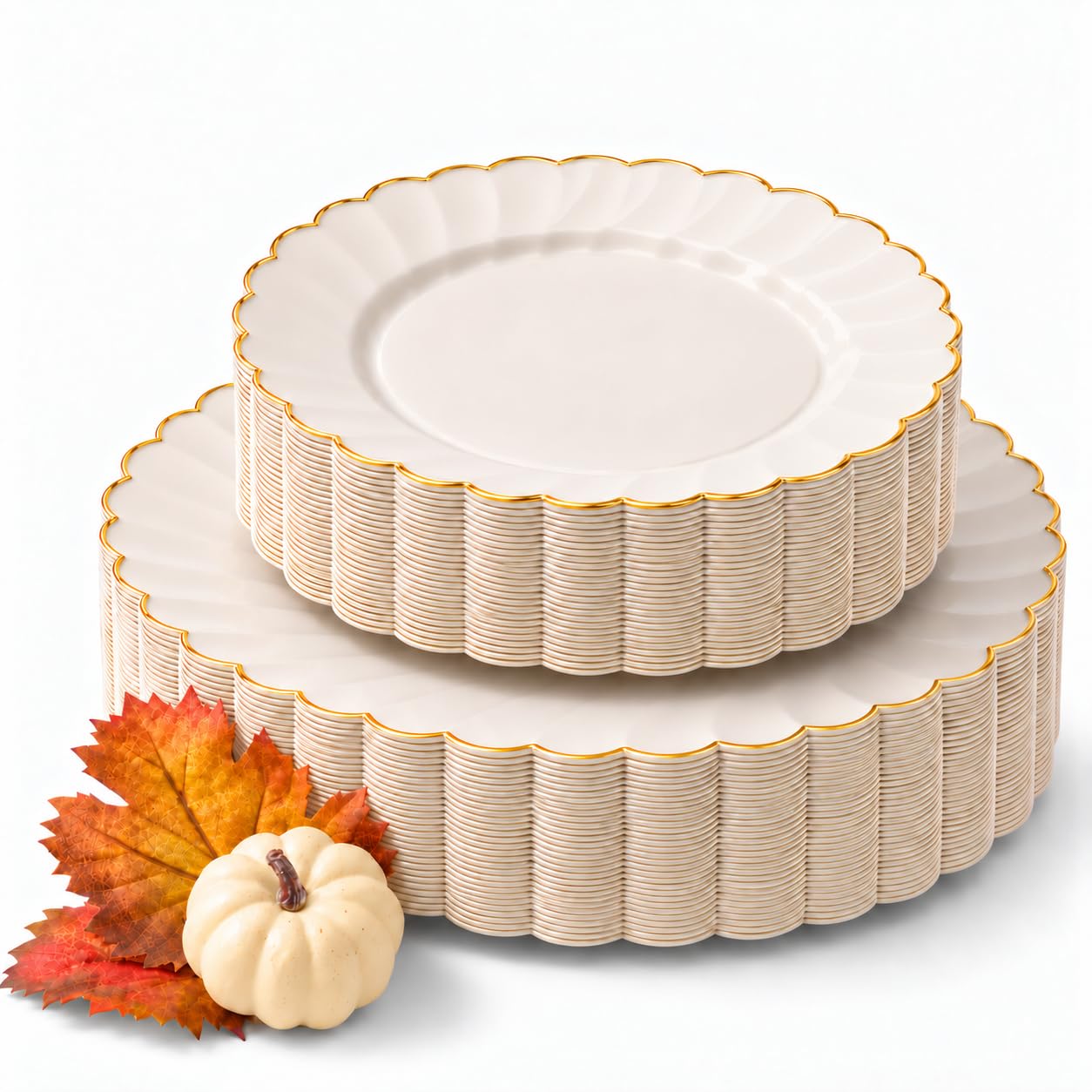 HEAVYWEIGHT Ivory Gold Scalloped Plastic Plates for Wedding 60 Pc