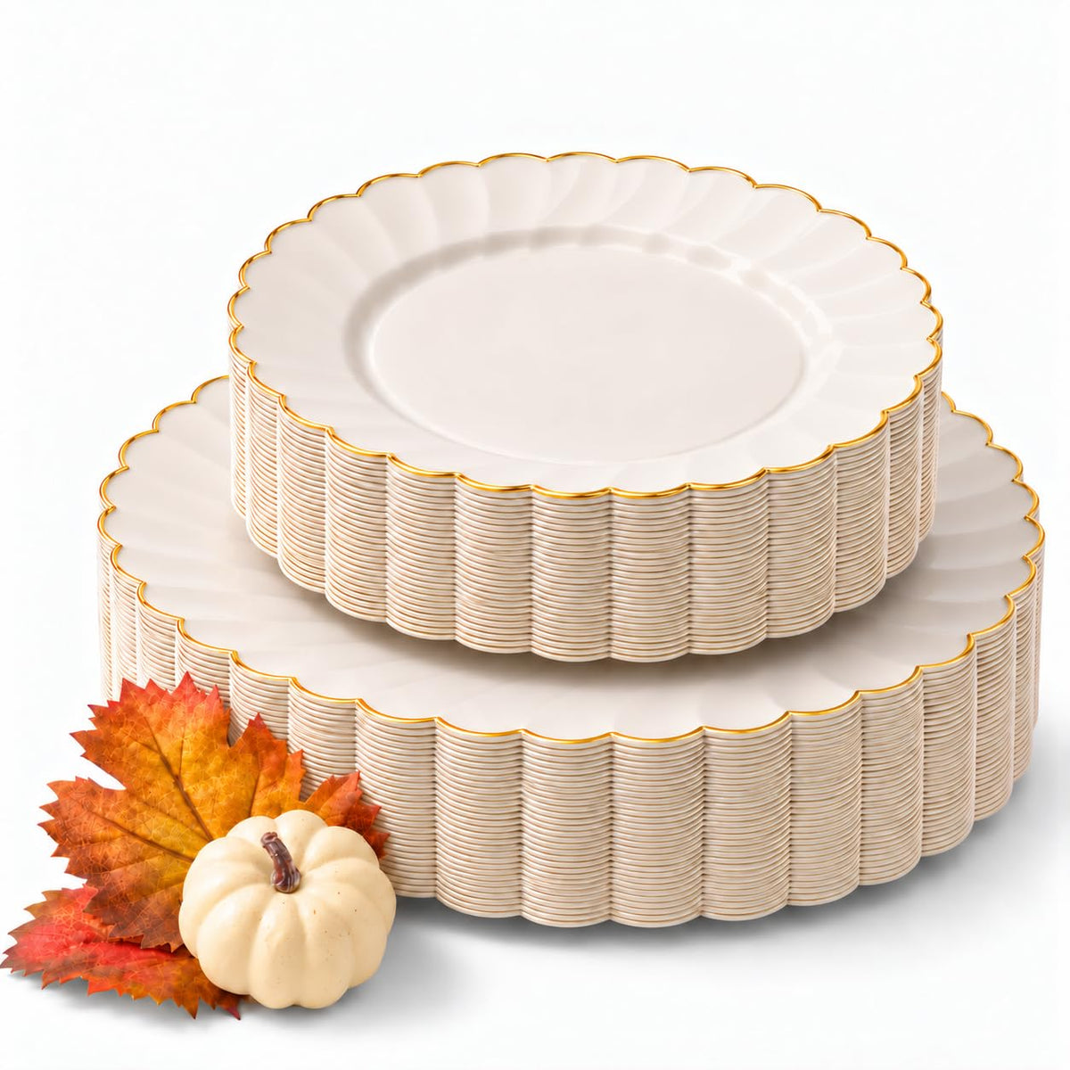 HEAVYWEIGHT Ivory Gold Scalloped Plastic Plates for Wedding 60 Pc