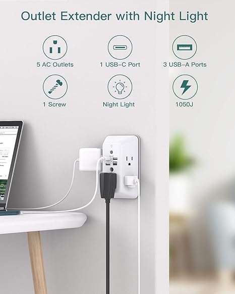 Surge Protector Outlet Extender 5 Outlets 4 USB Ports Night Light 1050J Wall Adapter White