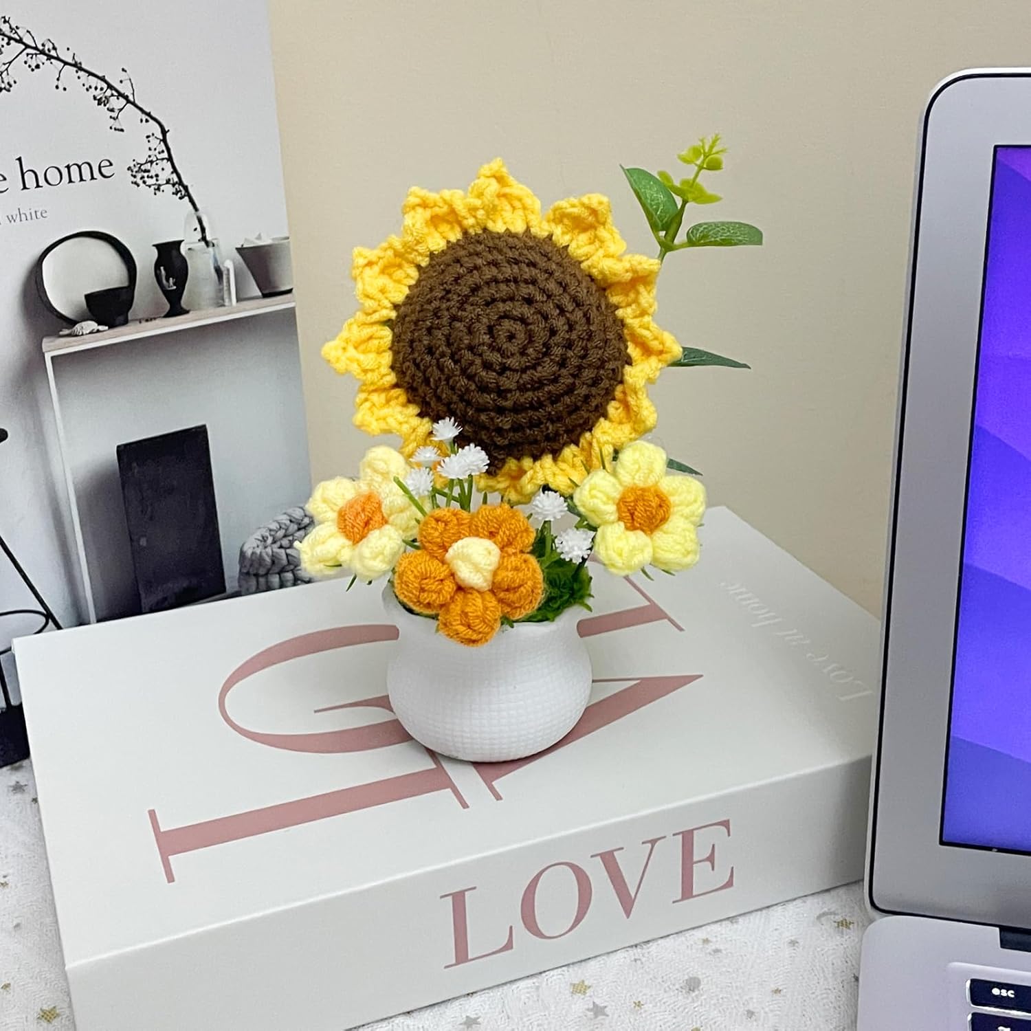 Handmade Crochet Sunflower Flower Potted Plants–Knitted Floral Decor For Office Desk, Car Dashboard, Unique Birthday Gifts For Women, Mom, Teacher (Sunflower)