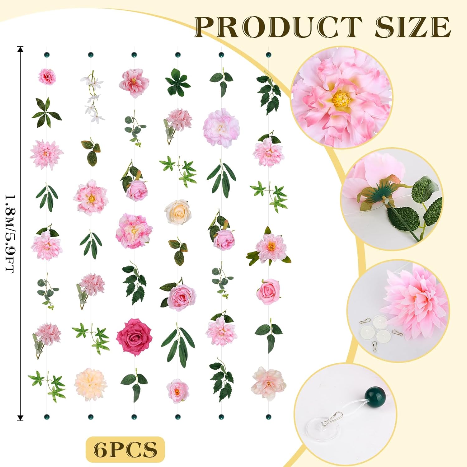 6 Pcs Artificial Flower Garland Hanging Decorations,5.9Ft Hanging Flowers For Backdrop Floral Garland With Hooks Fake Wildflower Garlands For Home Garden Spring Summer Wedding Party Arch Wall