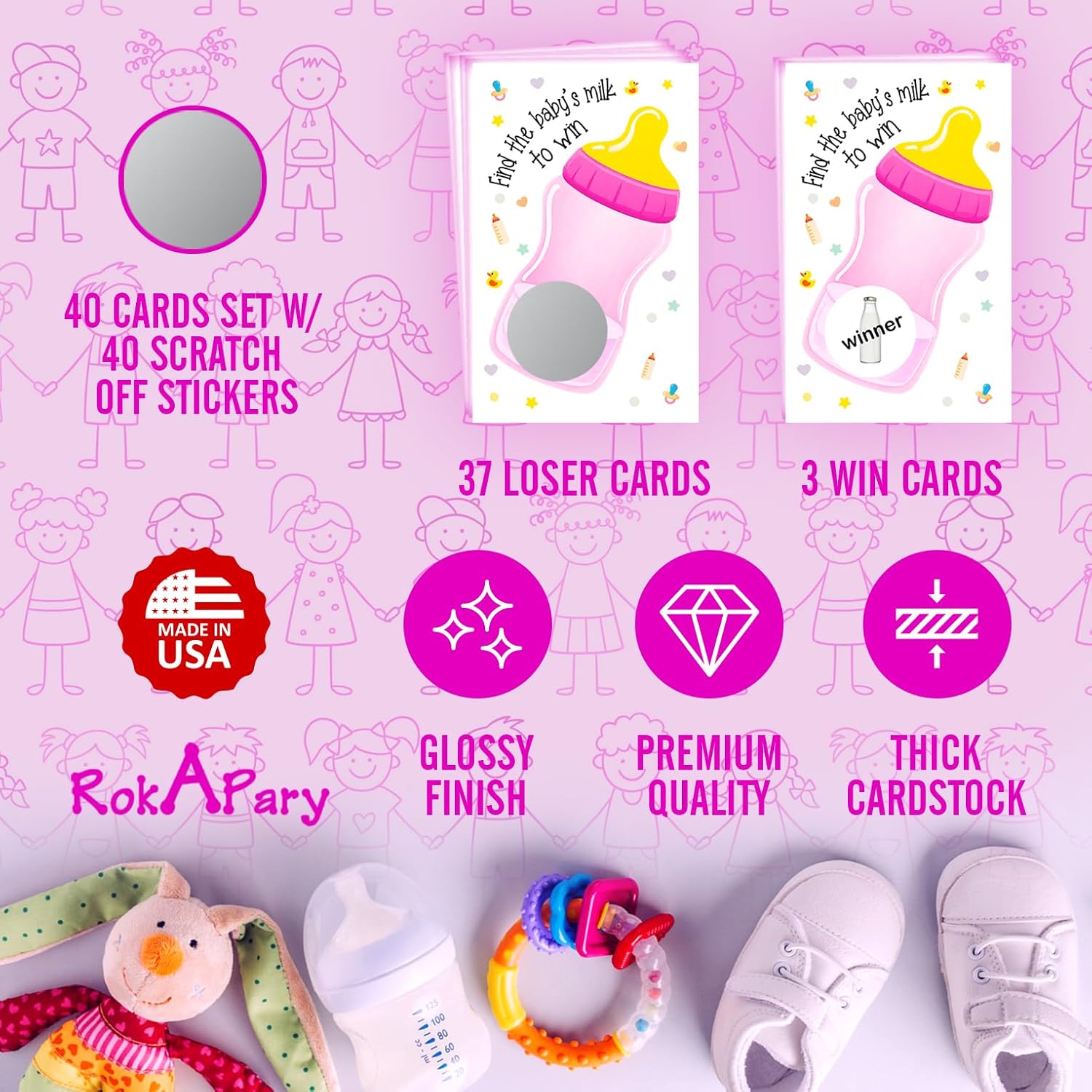 Find The Babys Milk Scratch Off Game, Its A Girl Baby Shower Easy To Play Silly Games, Funny Idea, Ice Breaker Activity. Raffle Cards, Pink Bottle, Set Of 40 Cards Made In Usa