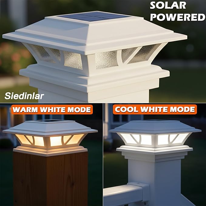 2 Pack Solar Post Lights Outdoor 2 Modes Warm Cool White Fence Deck Cap Lights