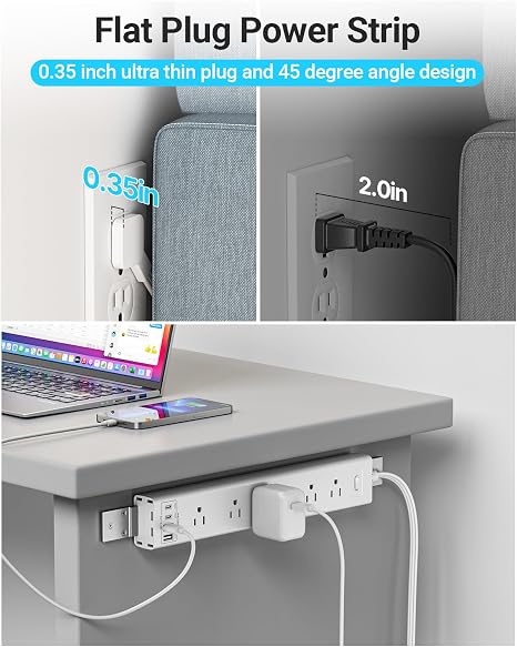 360 Degree Surge Protector Power Strip 4 Outlets 4 USB Ports 2 USB C 6FT Flat Plug Wall Mount White
