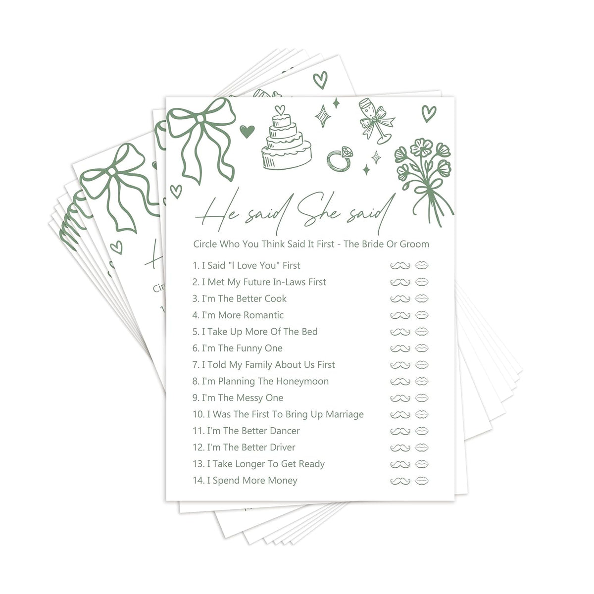 30 Pcs Bridal Shower Games, He Said She Said Wedding Shower Game For Newlyweds, Engagement Bachelorette Party Games For Bride Broom, Minimalism Green Theme-A08