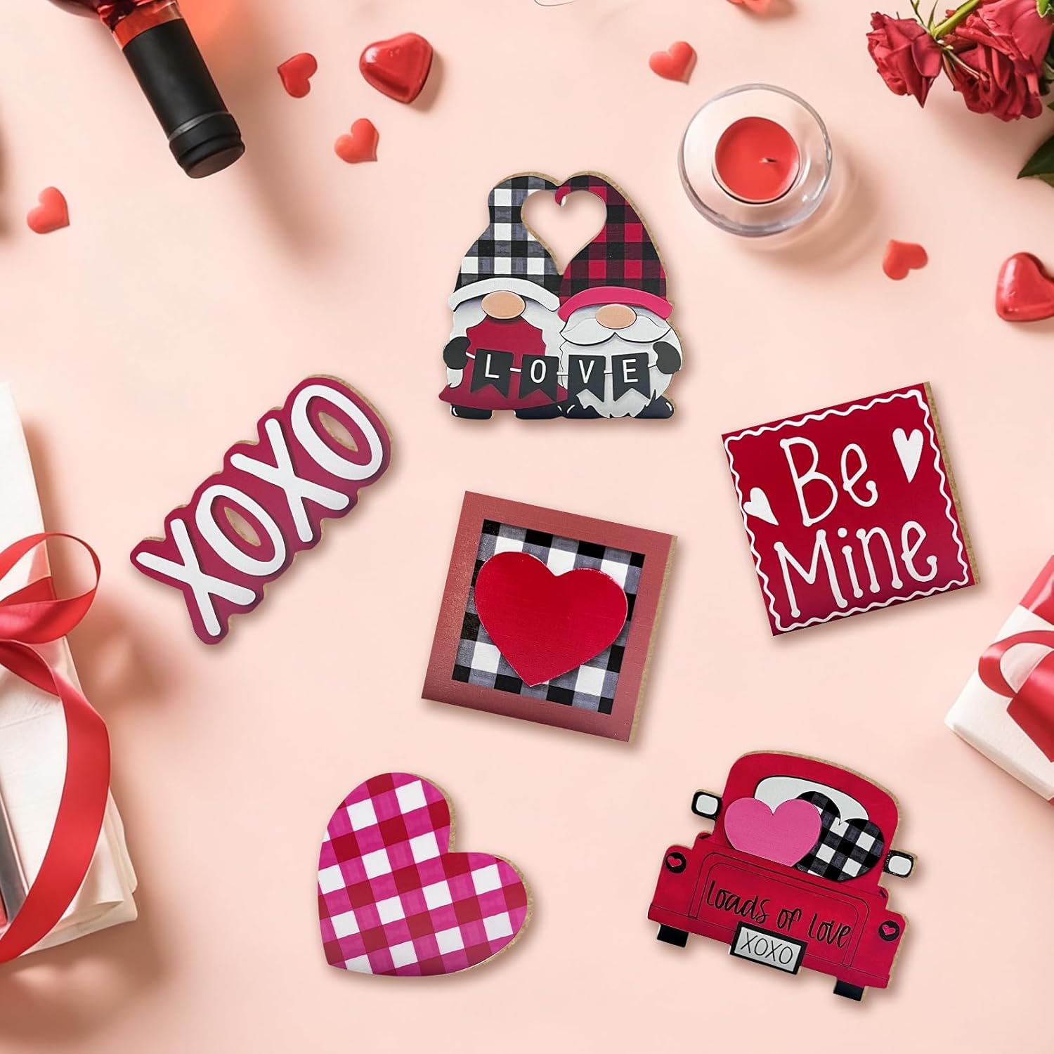 Valentine’S Day Tiered Tray Decor, Farmhouse Tray Decorations Indoor, Buffalo Plaid Gnome Couple Love Heart Truck Wooden Signs, Rustic Valentine Decor For Home Table Wedding Party