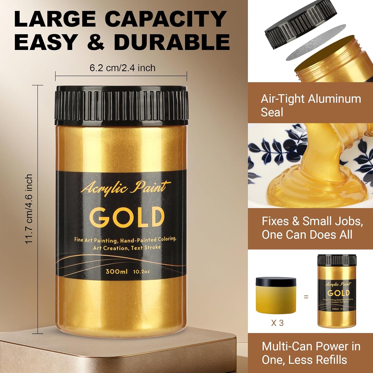 300Ml Gold Metallic Acrylic Paint, Non Toxic Waterproof Gold Metallic Acrylic Paint For Fabric, Leather, Ceramic, Canvas, Rocks, Metal, Plastic, Glass