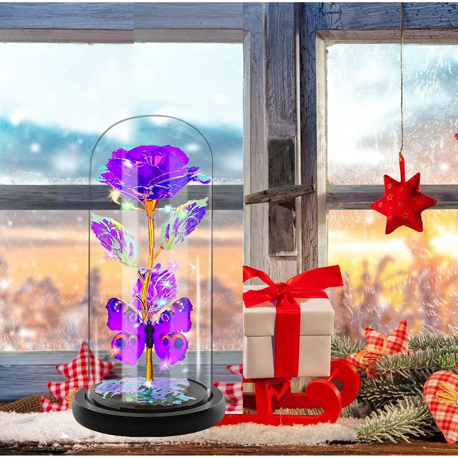 Valentines Day Rose Glass Flowers Gifts For Her, Galaxy Crystal Light Up Rose In A Glass Dome, Valentines Day Gifts For Mom Wife, Valentine Birthday Gifts For Women,Purple Butterfly