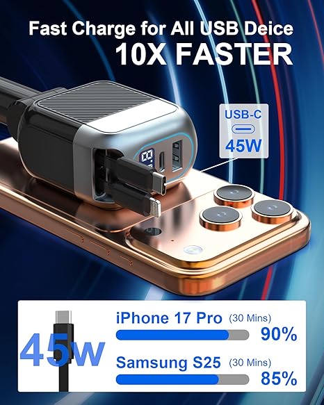 87W 4 in 1 Retractable Car Charger USB C Fast Charging Adapter for iPhone Samsung