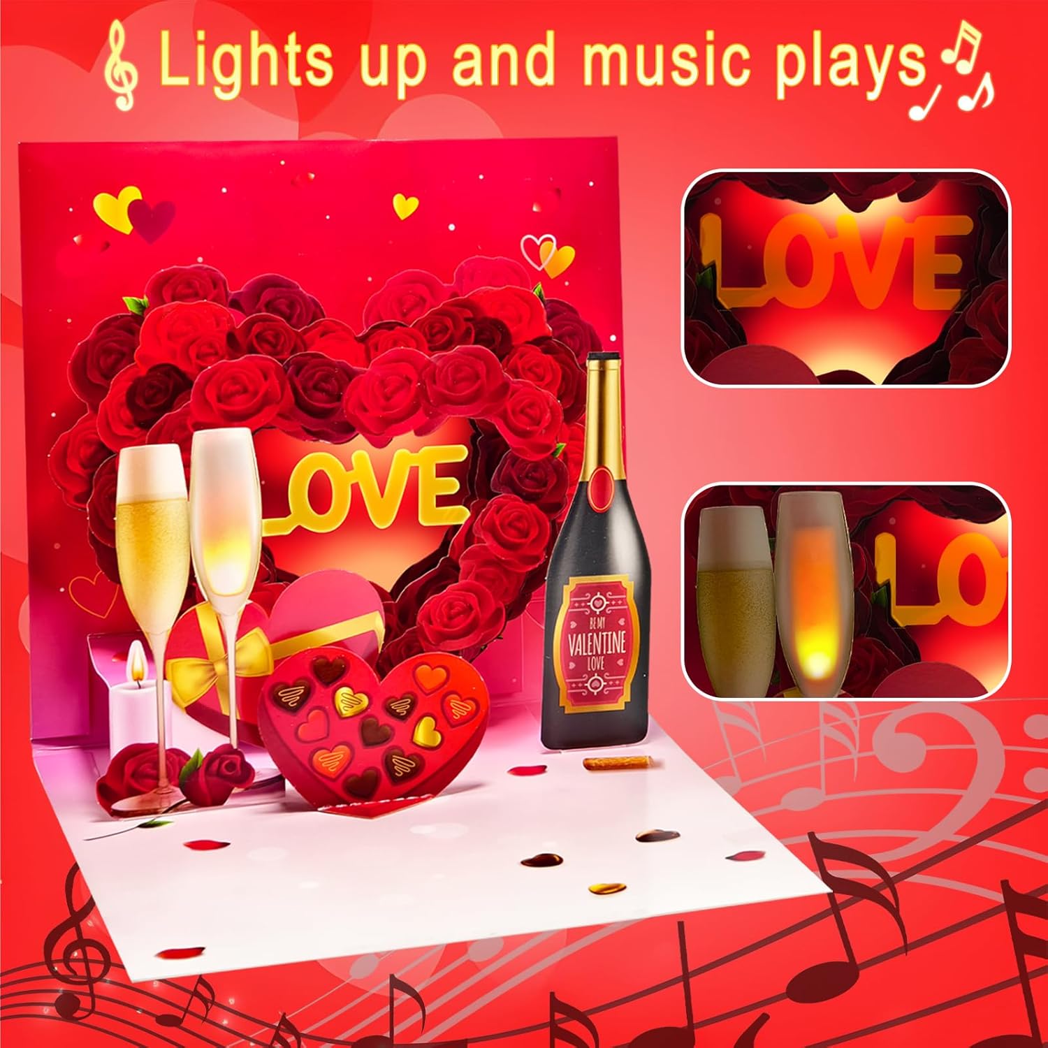 Valentine'S Day Cards, Anniversary Card Pop Up Card,Champagne Led Light & Music, Valentine Card For Women And Men, Music Playing Valentine- Accompaniment, Impresses Lovers