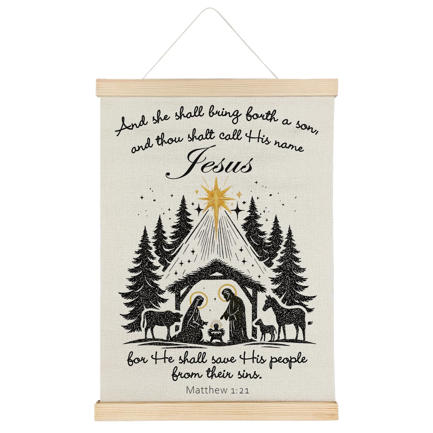Christian Christmas Nativity Wall Art, Christmas Jesus Birth Wall Decor, Religious Xmas Tree Poster Hanger Frame For Nursery Kids Bedroom Church Home Office Decor, 12X16 Inches
