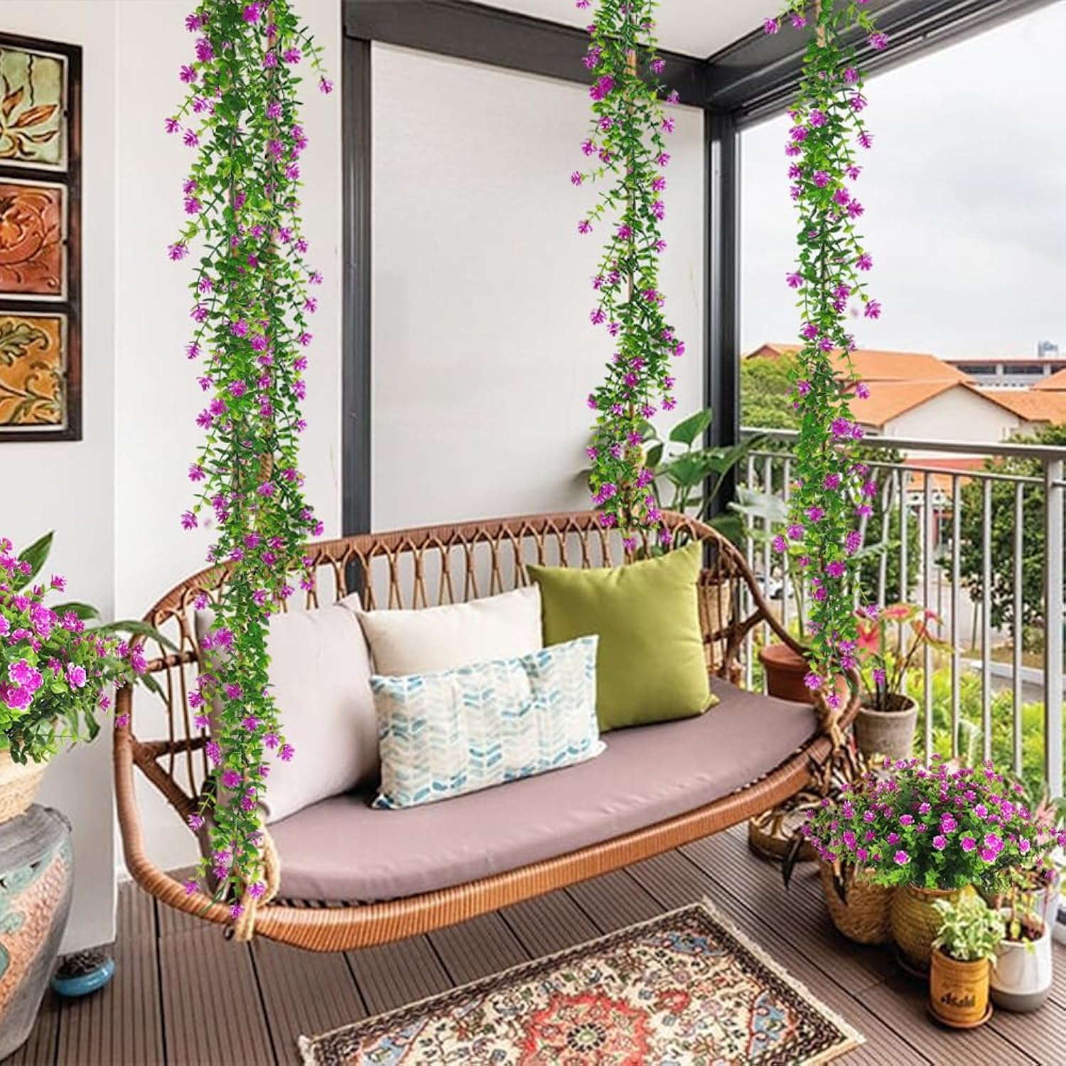 Hanging Garland Plants Artificial Flowers Fake Eucalyptus Greenery Garlands Leaf Garland With Flowers Hanging Faux Vine Plants For Spring Wedding Arch Backdrop Home Wall Party Decor 3 Pcs (Fuchsia)